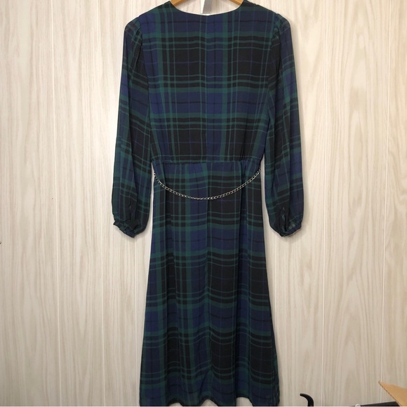 A New Day Long Sleeve Flowly Dress Size Medium Tartan Plaid Pattern Chain Belt - Picture 7 of 10